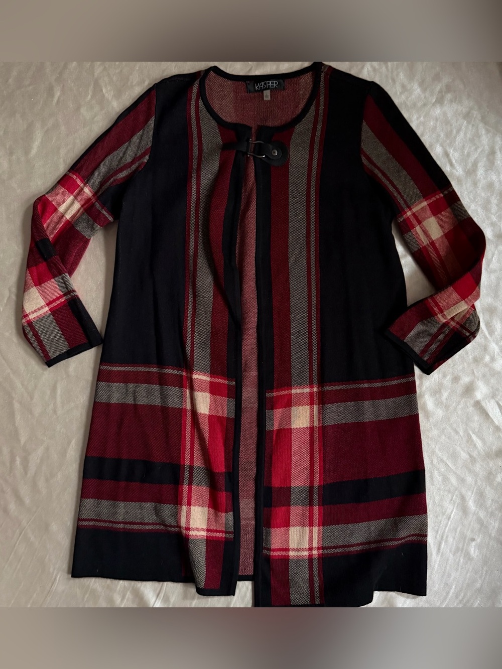 Women’s Kasper Plaid Knit Cardigan Sweater Size L Open Front Buckle Red/Black